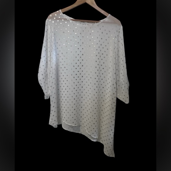 Chico's Tops - CHICO'S Size XL Sheer White Silver Polka Dots Assymetrical Tacked Sleeves Blouse